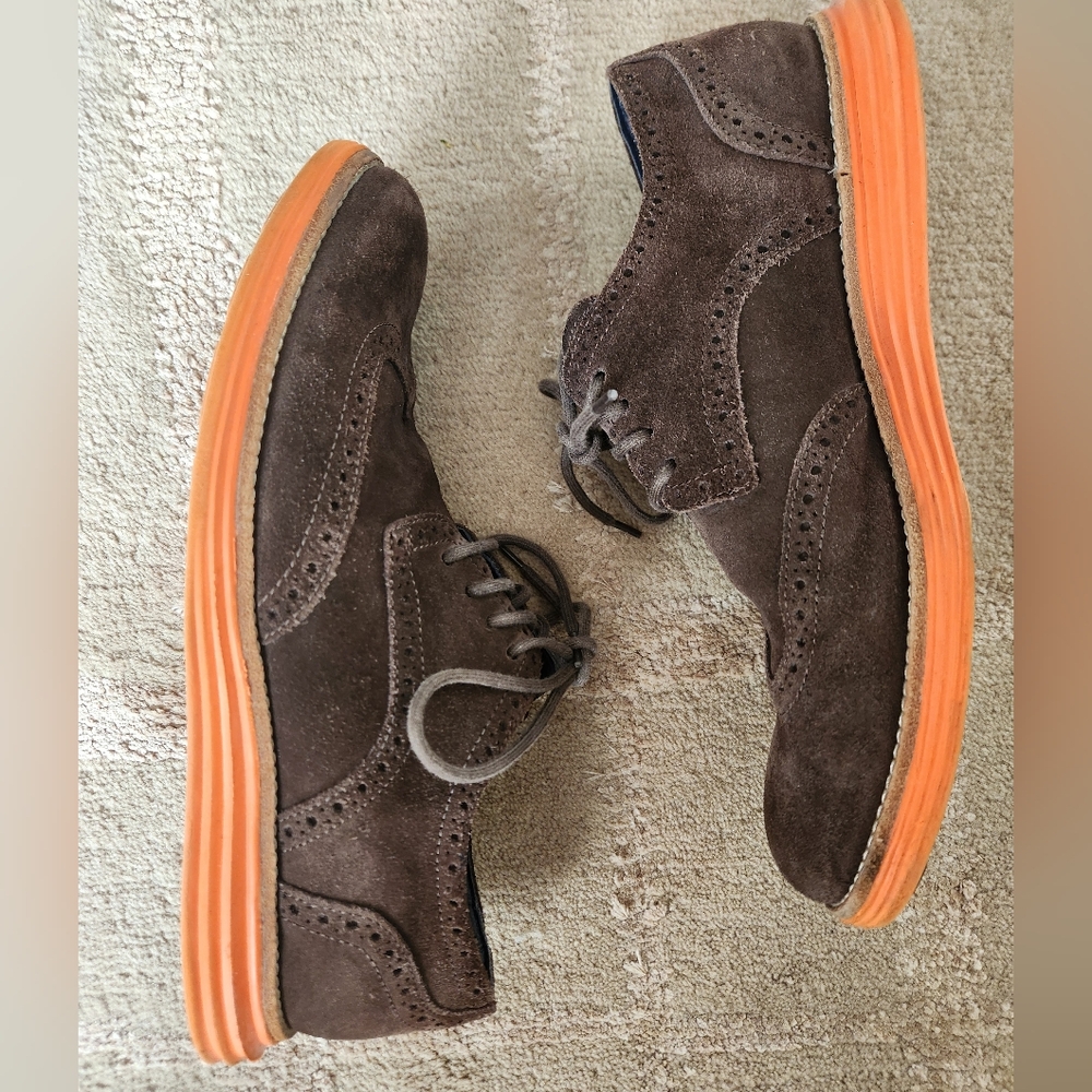 Cole Haan Men's Lunargrand Brown Suede Shoes with Orange Sole, Size 9.5